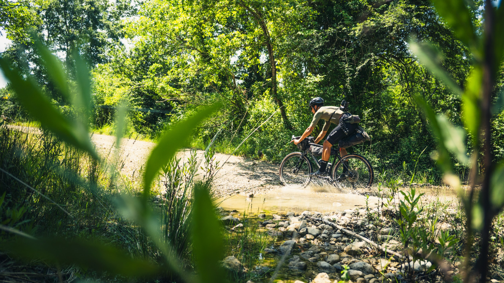 Person riding a bicycle on a trail surrounded by greenery
